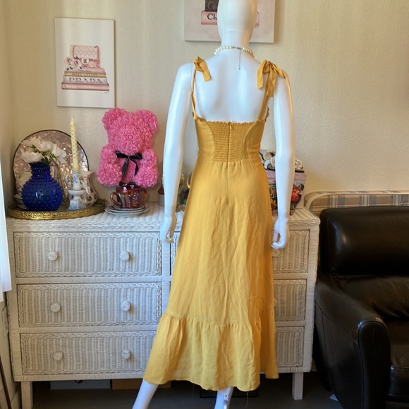 Reformation Nikita ruffled midi dress w/bow tie straps in mustard color size 2 - Picture 3 of 12